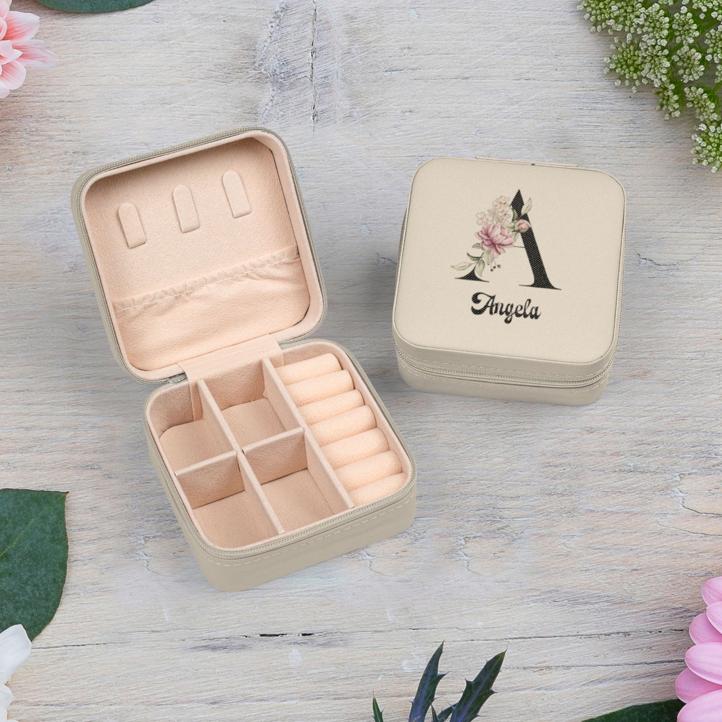 Personalized Floral Monogram Jewelry Travel Case — Compact Pink Ring & Earring Organizer (Custom Name)