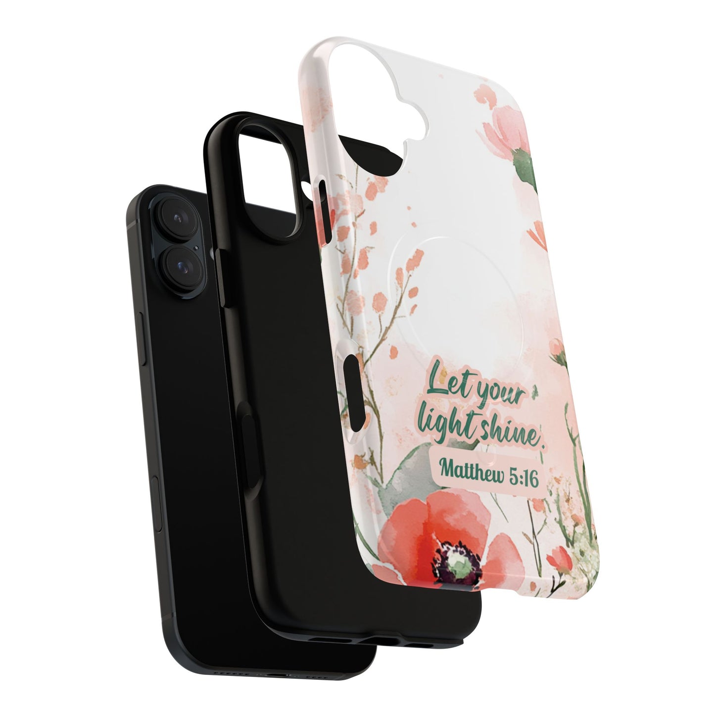 Let your Light Shine Matthew 5:16, Inspirational Gift, Tough iPhone Magnetic Case Scripture, Floral Bible Verse, MagSafe® iPhone® Tough Case, iPhone 14, iPhone 15, iPhone 16, Pro, Pro Max, Plus.