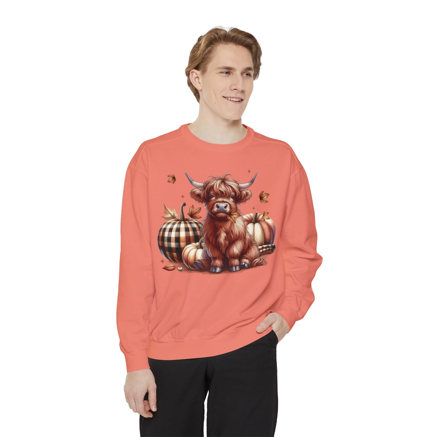 Autumn Highland Cow Charm Unisex Garment-Dyed Sweatshirt