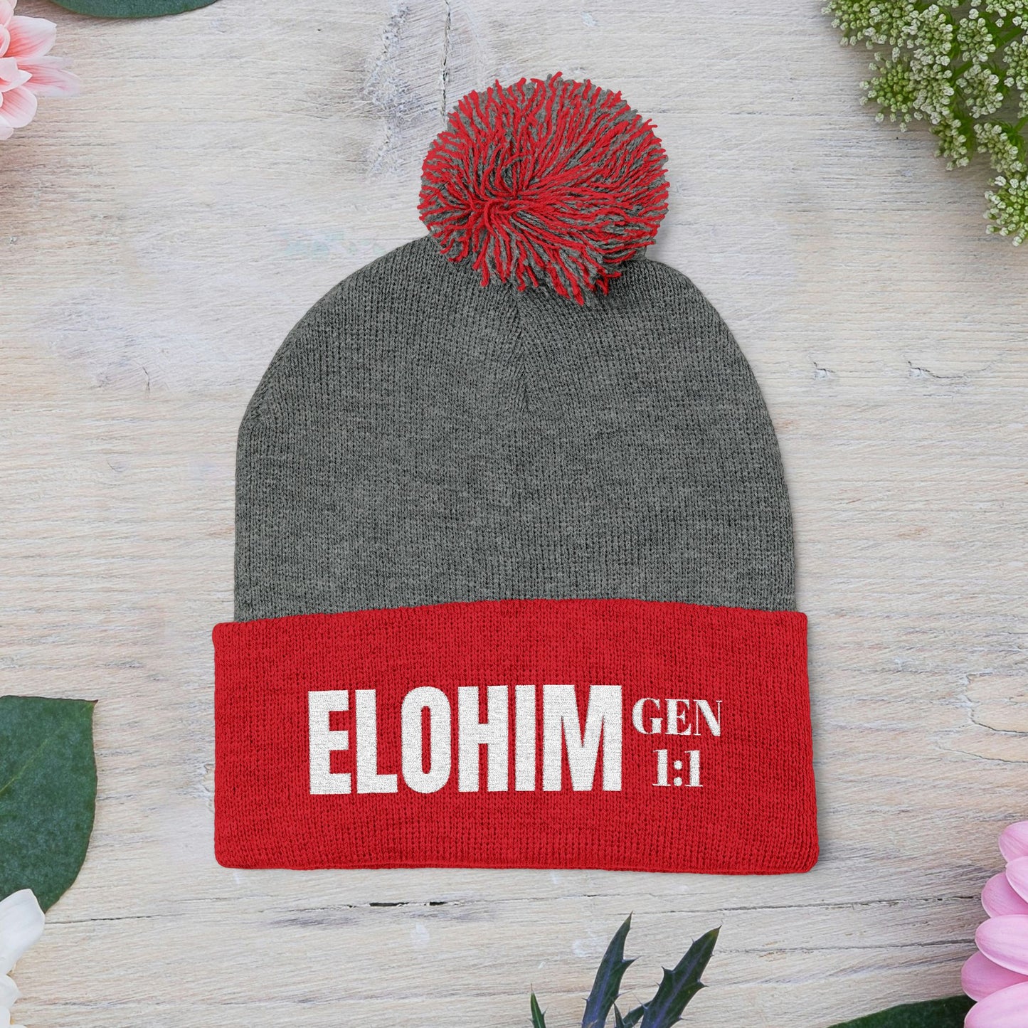 Pom-Pom Knit Cap with 'ELOHIM, GENESIS 1:1'  Embroidery Beanie - Stylish Winter Accessory for All Ages, Perfect Gift for Birthdays, Holidays, and Outdoor Activities