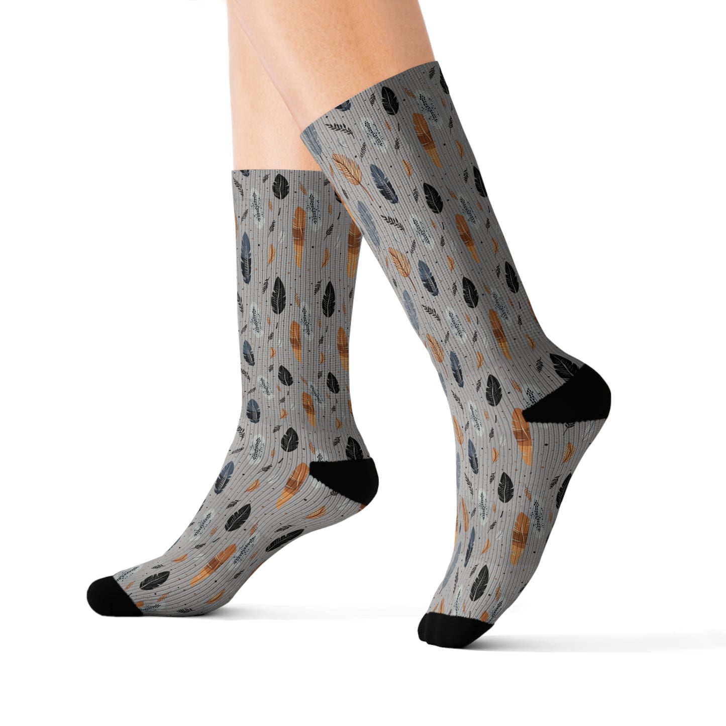 Whispering Feathers Grey Sublimation Socks - High-Quality Comfort with Stylish Sublimated Print