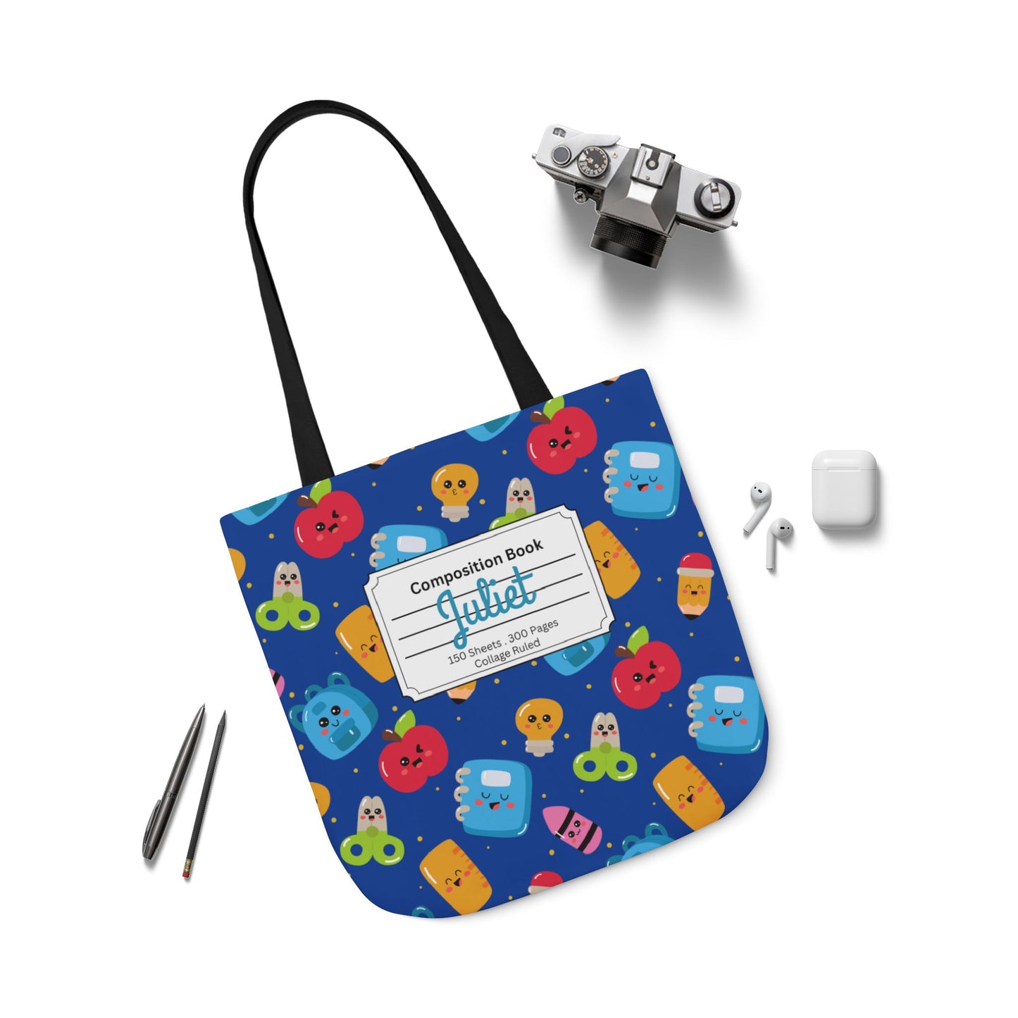 Personalized Blue Kawaii Composition Book Inspired Canvas Tote Bag with Colorful Straps, Cute School Bag, Eco-Friendly Tote, Back to School Shopping Bag, Teacher Gift Idea