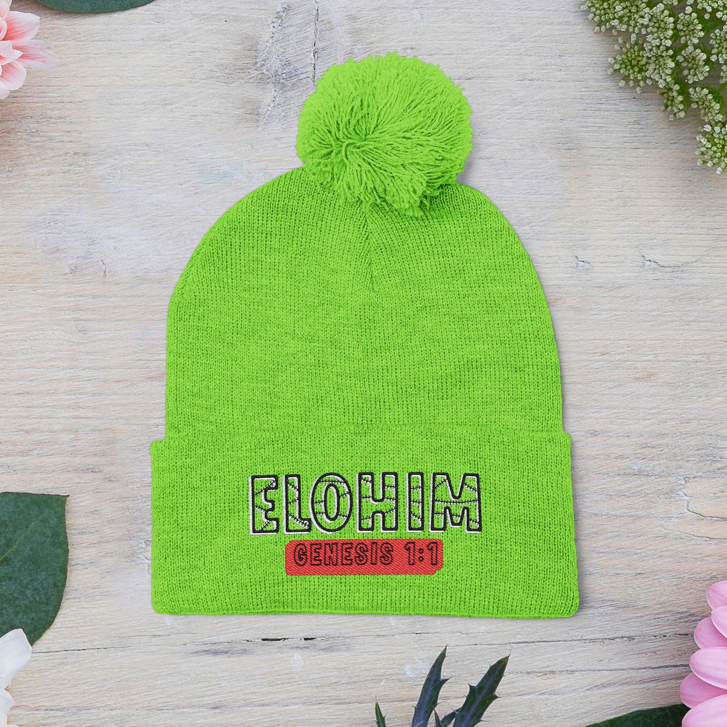 Cozy Pom-Pom Knit Cap with 'ELOHIM, GENESIS 1:1'  Embroidery Beanie - Stylish Winter Accessory for All Ages, Perfect Gift for Birthdays, Holidays, and Outdoor Activities
