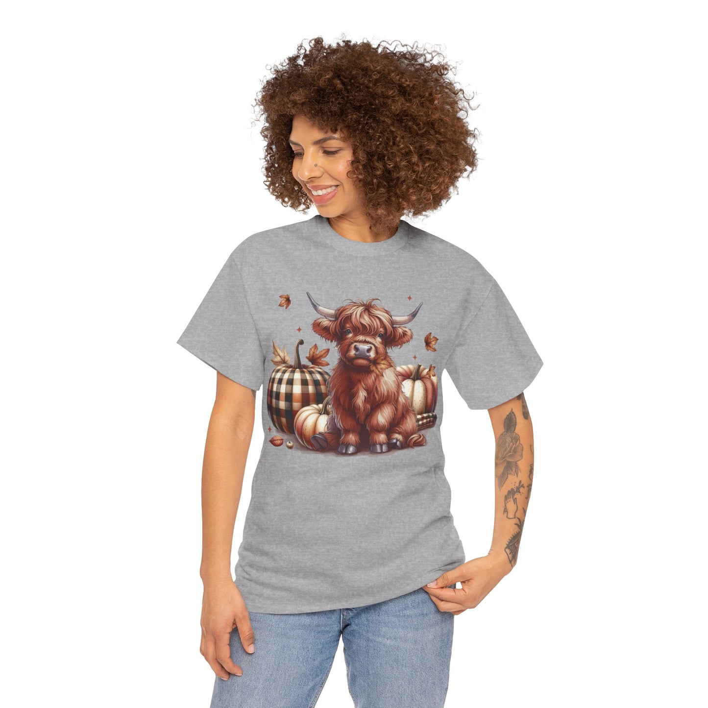 Autumn Highland Cow Charm Unisex Heavy Cotton Tee