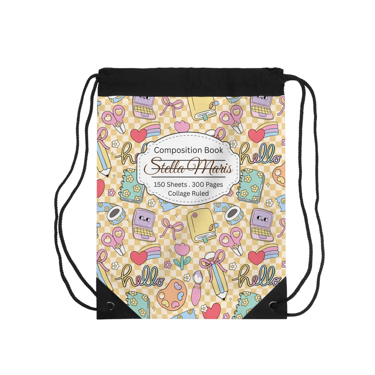 Composition Doodle Daydream Book Inspired Colorful ABC Drawstring Bag | Personalized College Ruled Tote | Kids School Gear | Fun Gym Sack | Back to School Accessory