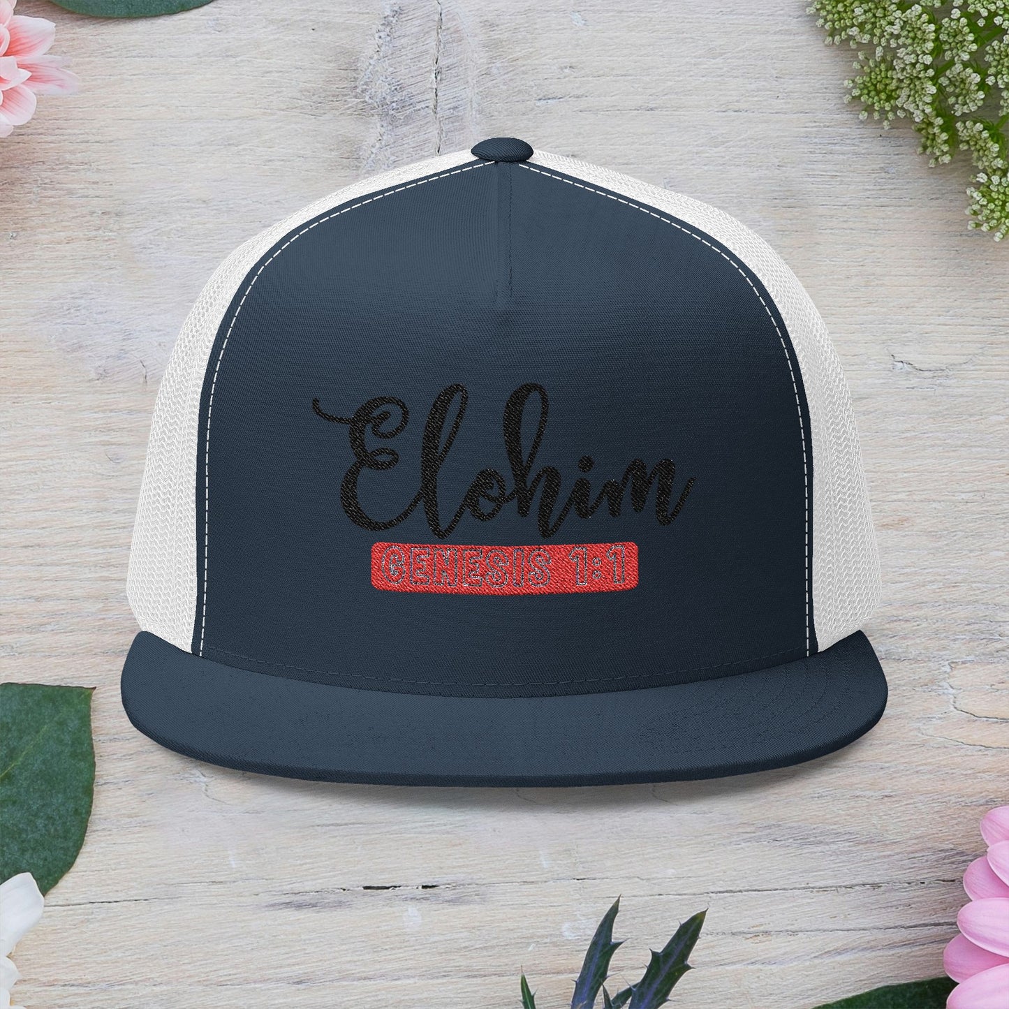 'ELOHIM, GENESIS 1:1'  Embroidered 5 Panel Trucker Cap | Casual Style Hat, Adjustable, Unisex, Perfect Gift for Outdoors, Festivals, Daily Wear