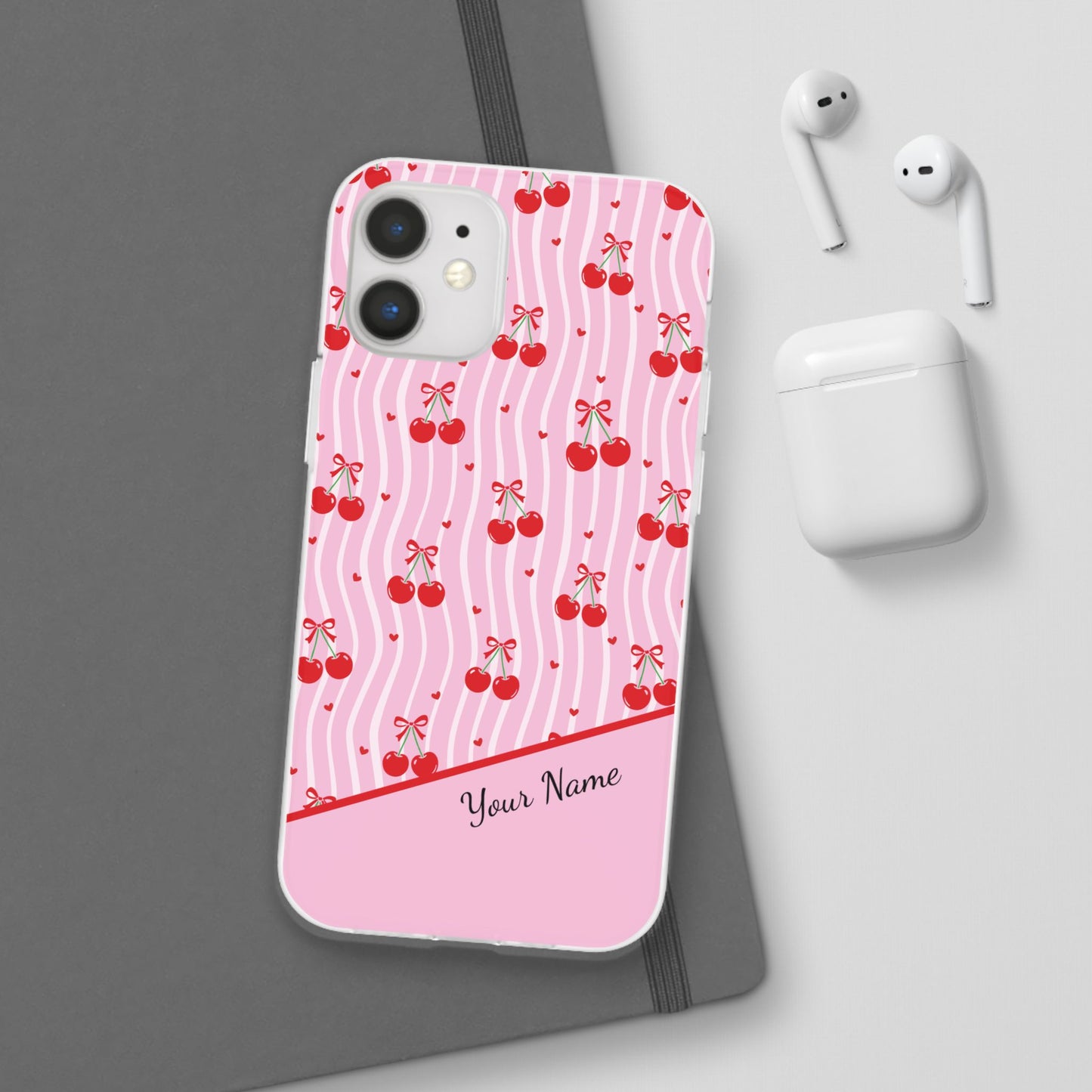 Personalized Cherry Blossom Dreams Flexi Case — Pink Retro Cherry iPhone® 7/8, 11, 12, 13, 14, 15, 16, 17, X/XS, SE, XR, Mini, Pro, Pro Max, Plus Cases.