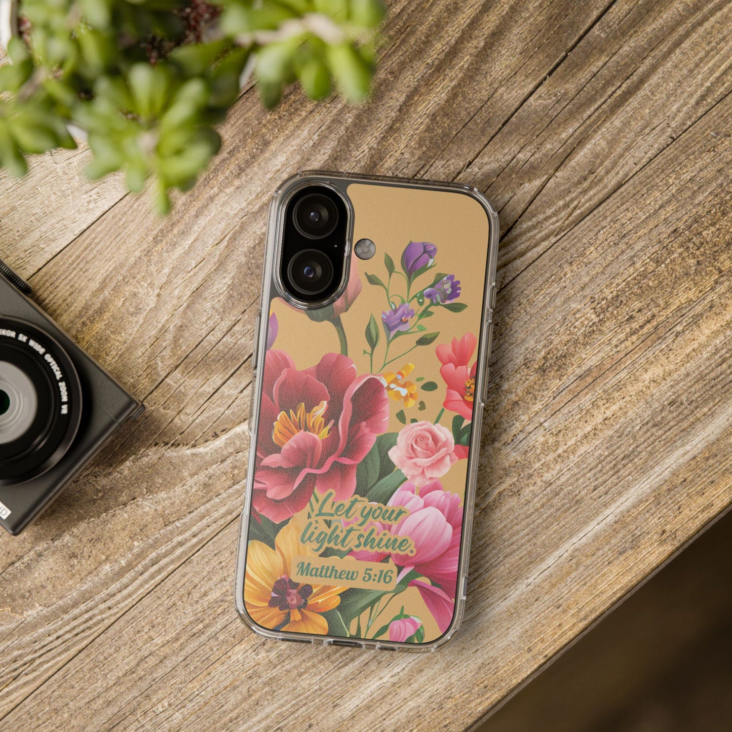 Clear Floral Bible Verse Phone Case — "Let Your Light Shine" (Matthew 5:16) for iPhone and Samsung Cases.
