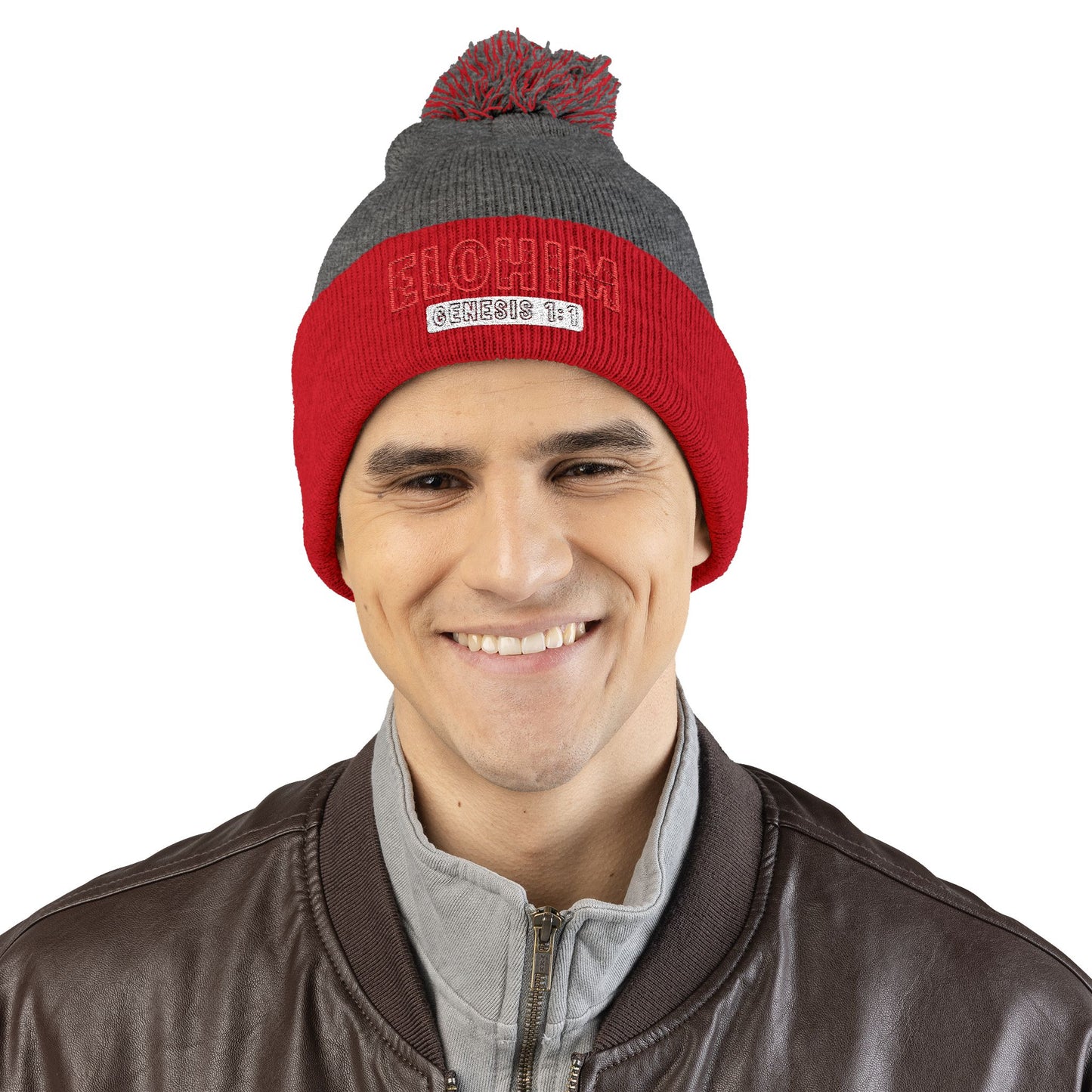 Red Pom-Pom Knit Cap with 'ELOHIM, GENESIS 1:1'  Embroidery Beanie - Stylish Winter Accessory for All Ages, Perfect Gift for Birthdays, Holidays, and Outdoor Activities