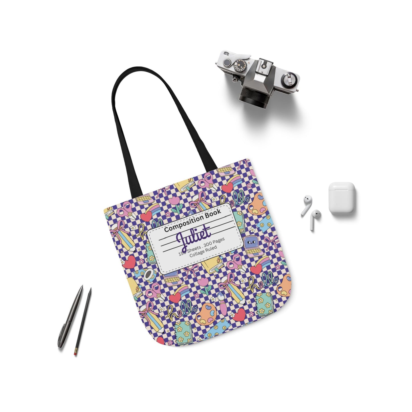 Personalized Purple Doodle Daydream Composition Book Inspired Canvas Tote Bag with Colorful Straps, Cute School Bag, Eco-Friendly Tote, Back to School Shopping Bag, Teacher Gift Idea