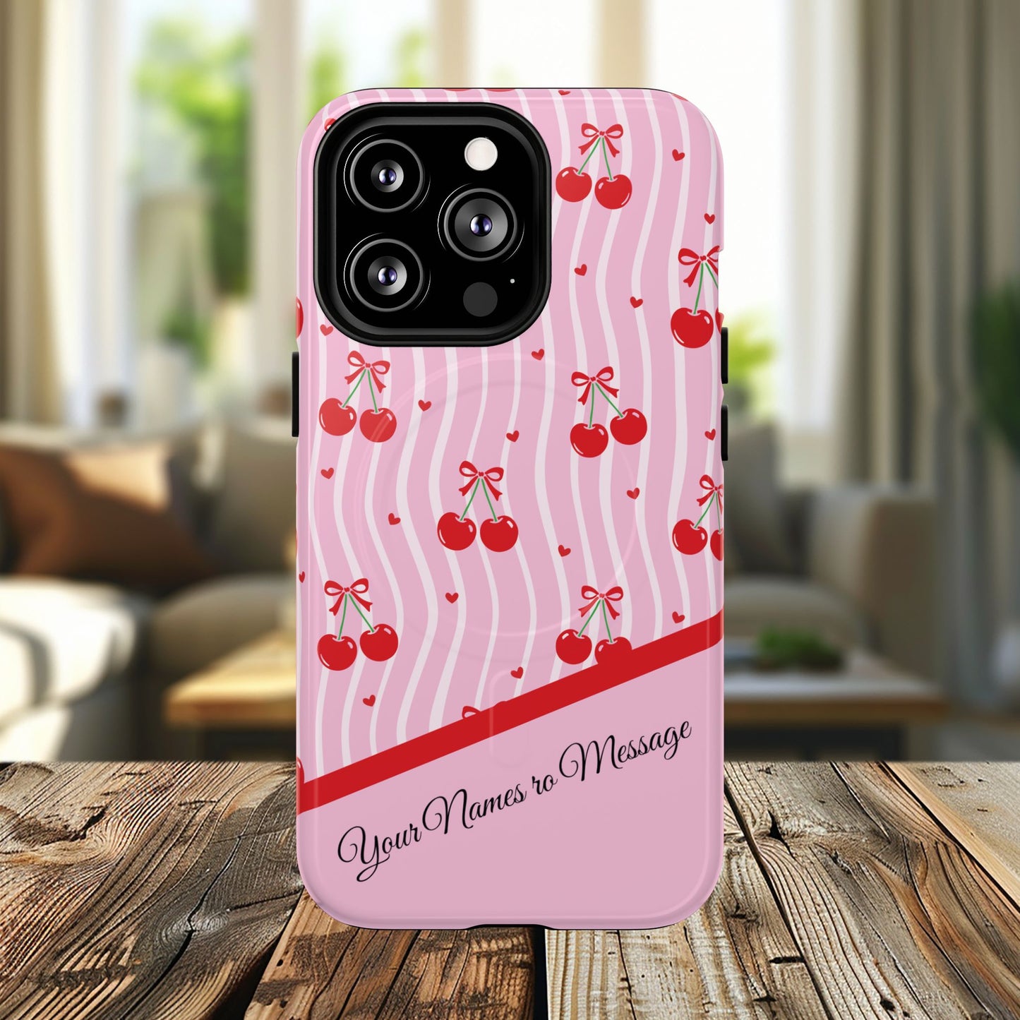Personalized Cherry Blossom Dreams Tough Magnetic MagSafe® iPhone® 13, 14, 15, 16, 17, Pro, Pro Max, Plus Cases.— Pink Retro (Custom Name)
