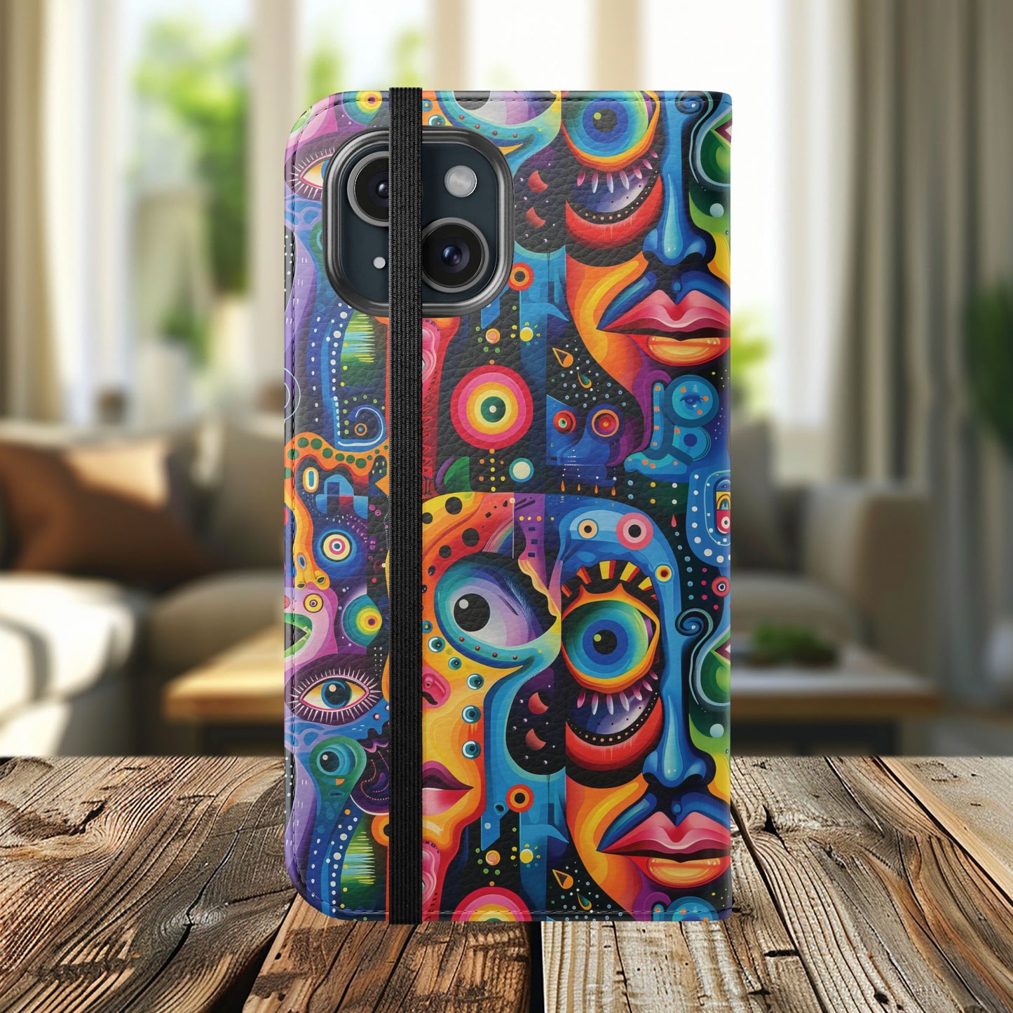 Psychedelic Visions Vibrant Art Flip iPhone and Samsung Phone Case - Colorful Faces Design for Phone Protection