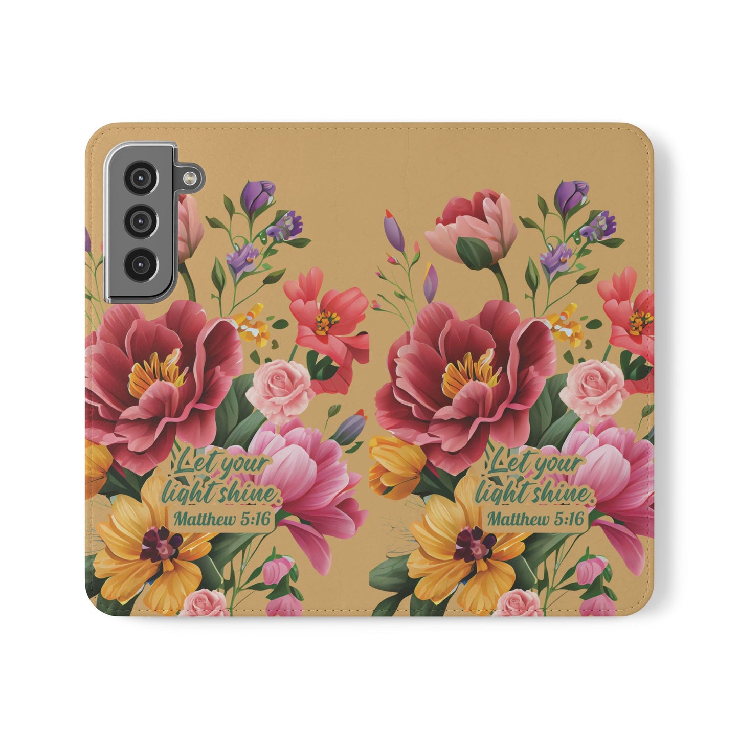 Floral Scripture Flip Case — "Let Your Light Shine" Wallet Phone Cover (Matthew 5:16)