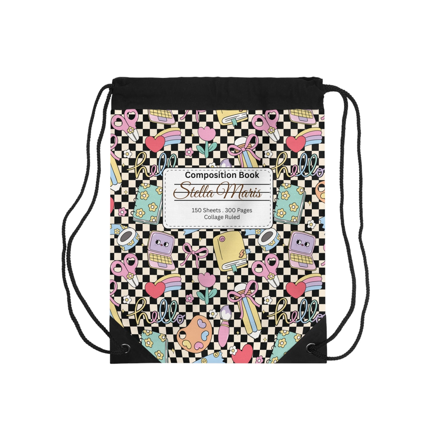 Composition Black Doodle Daydream Book Inspired Colorful ABC Drawstring Bag | Personalized College Ruled Tote | Kids School Gear | Fun Gym Sack | Back to School Accessory