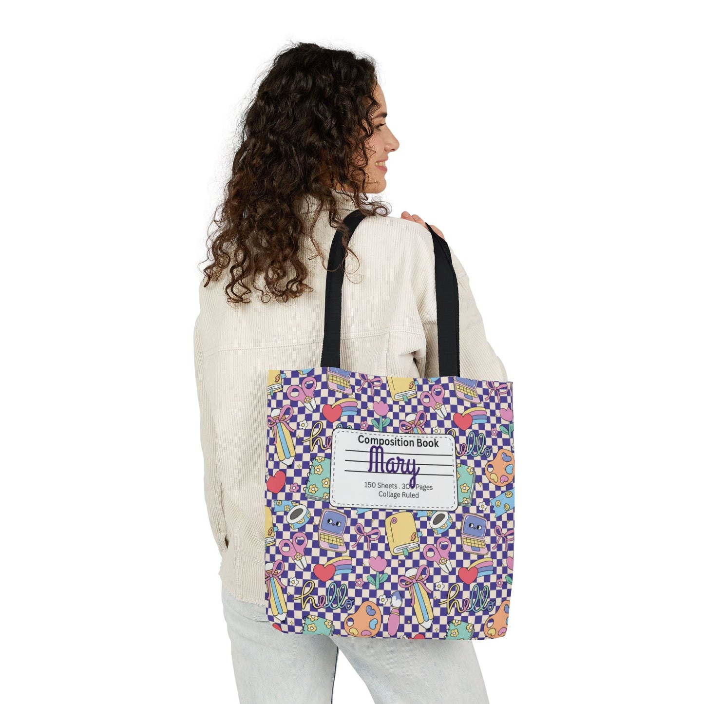 Personalized Purple Doodle Daydream Composition Book Inspired Canvas Tote Bag with Colorful Straps, Cute School Bag, Eco-Friendly Tote, Back to School Shopping Bag, Teacher Gift Idea