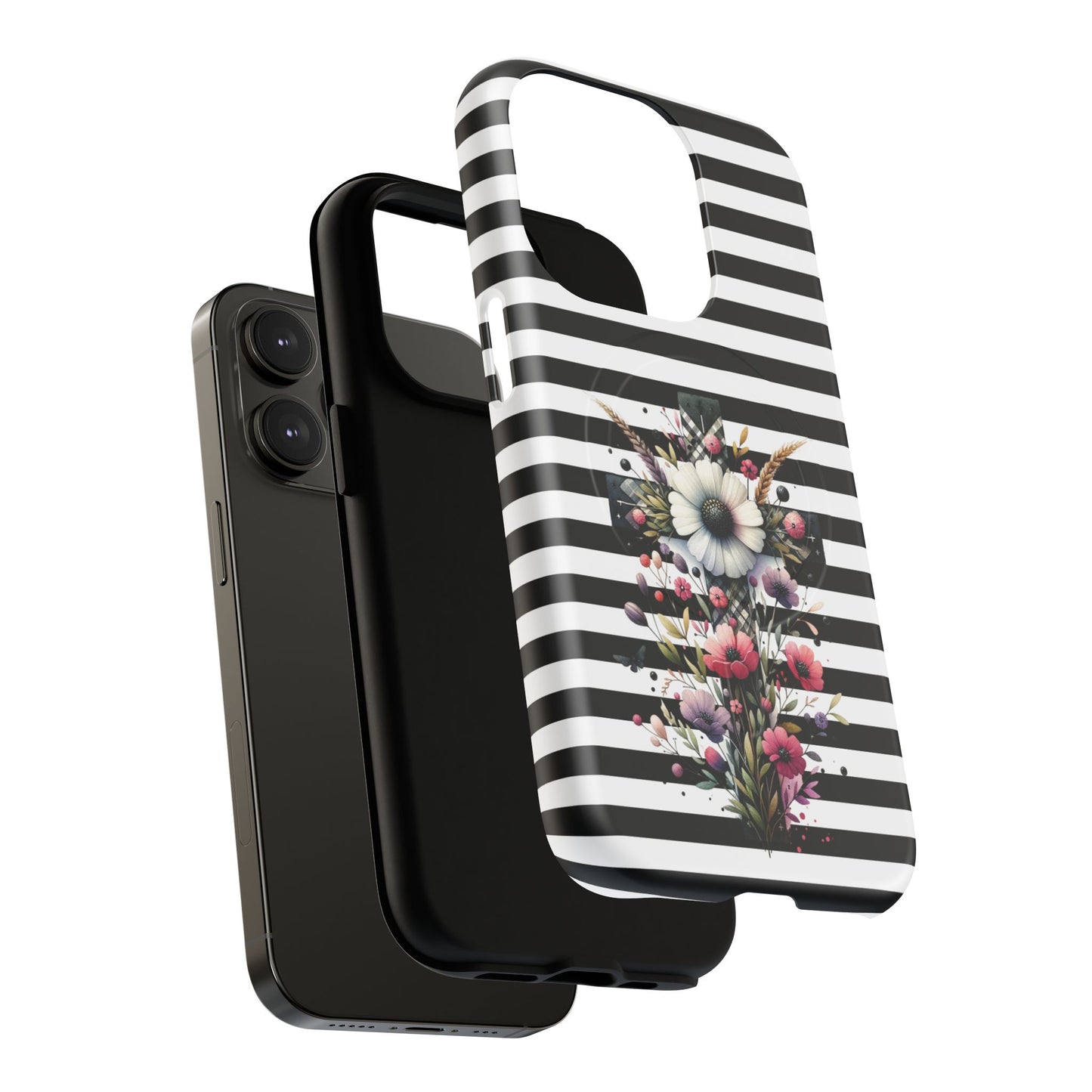 Faith in Bloom Tough iPhone Magnetic Case, iPhone Accessories, Floral iPhone Cover, Durable Cases for Gifts, Black and White Stripes