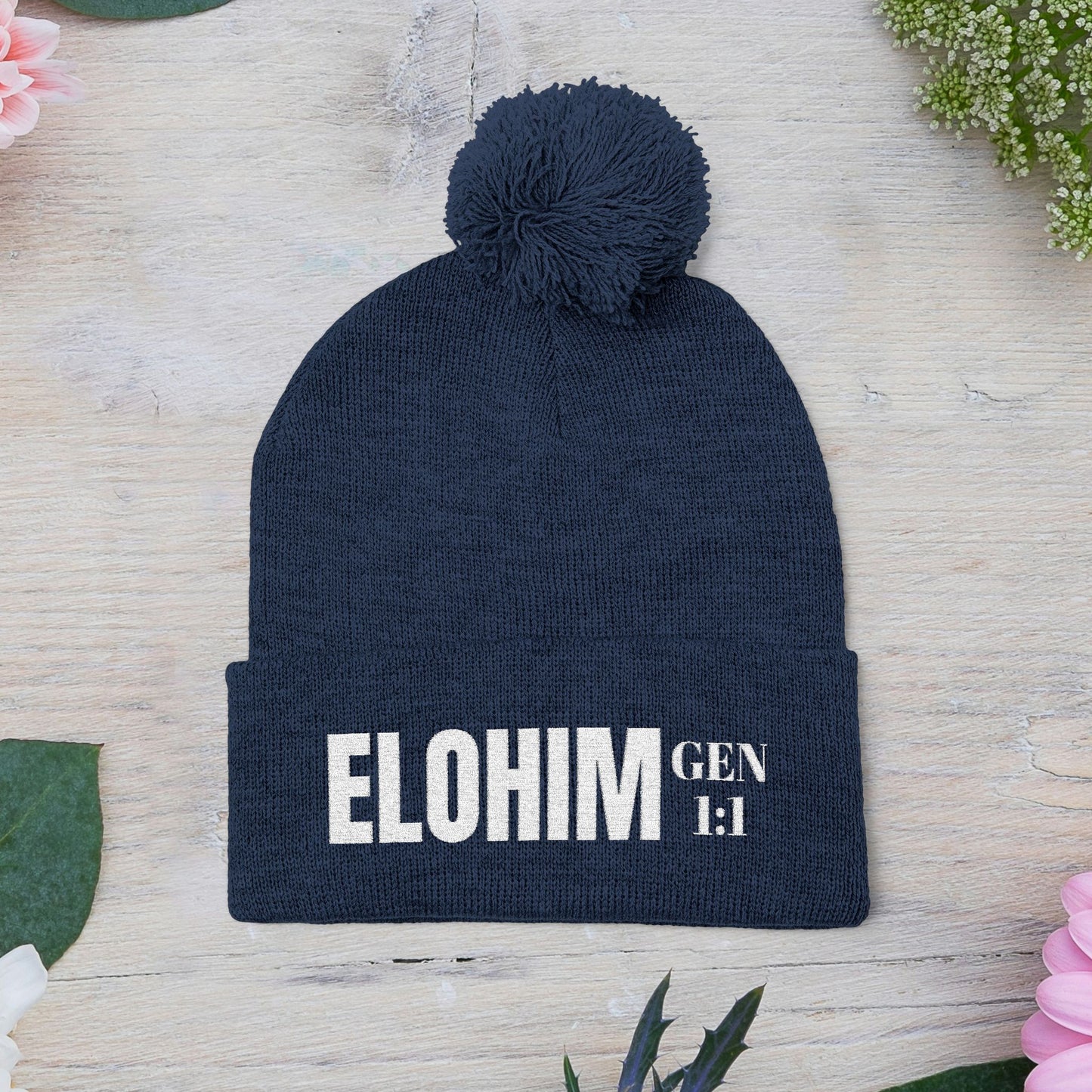Pom-Pom Knit Cap with 'ELOHIM, GENESIS 1:1'  Embroidery Beanie - Stylish Winter Accessory for All Ages, Perfect Gift for Birthdays, Holidays, and Outdoor Activities