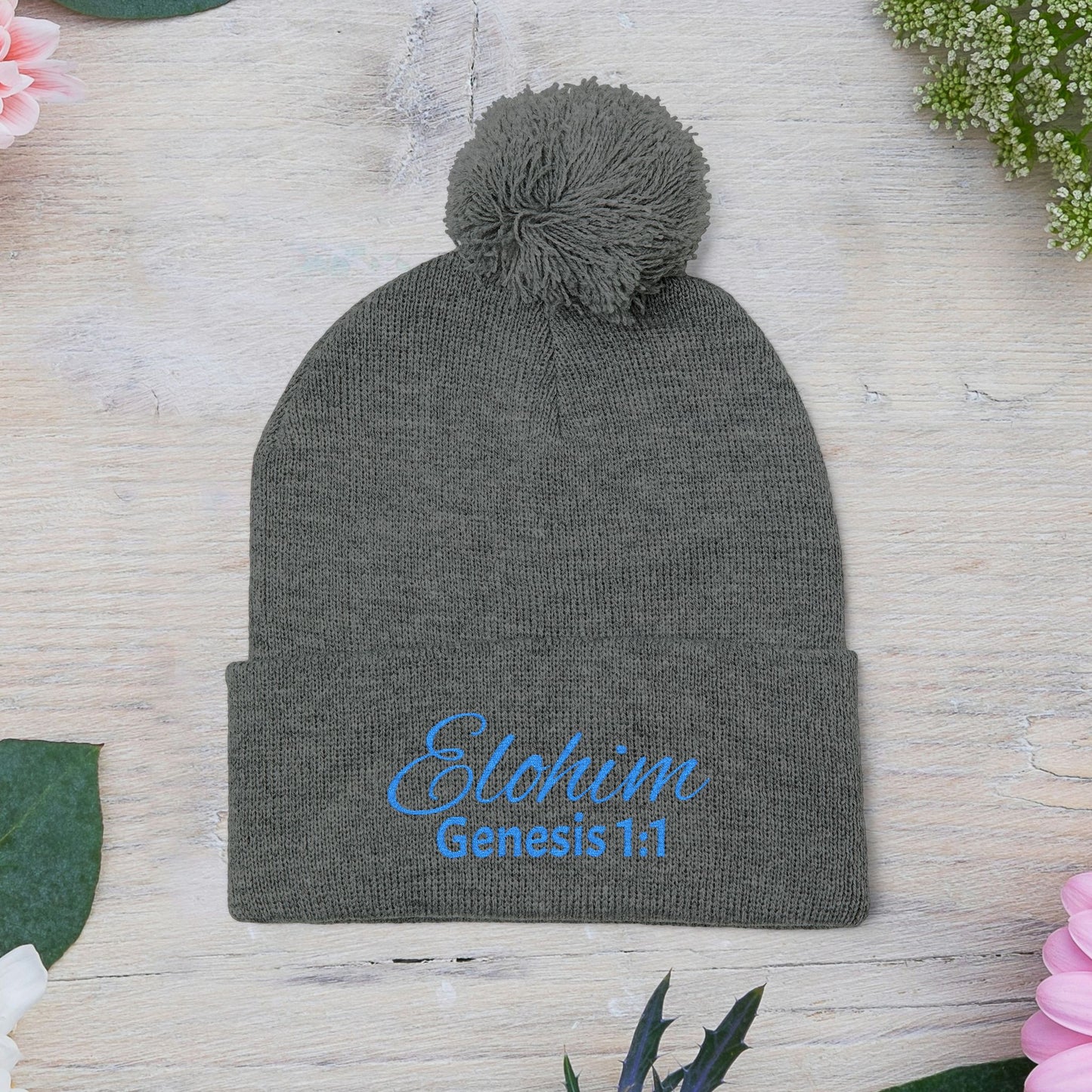 Pom-Pom Knit Cap with 'ELOHIM, GENESIS 1:1'  Embroidery Beanie - Stylish Winter Accessory for All Ages, Perfect Gift for Birthdays, Holidays, and Outdoor Activities