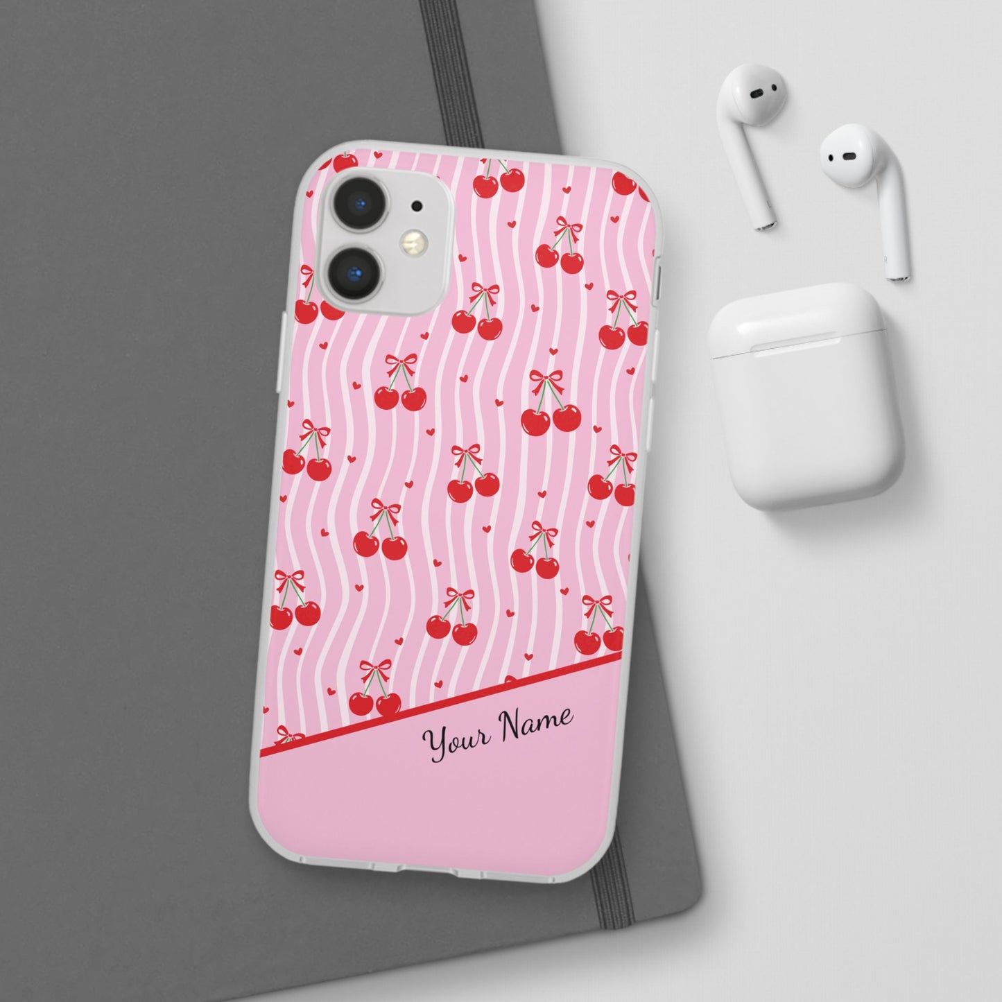 Personalized Cherry Blossom Dreams Flexi Case — Pink Retro Cherry iPhone® 7/8, 11, 12, 13, 14, 15, 16, 17, X/XS, SE, XR, Mini, Pro, Pro Max, Plus Cases.