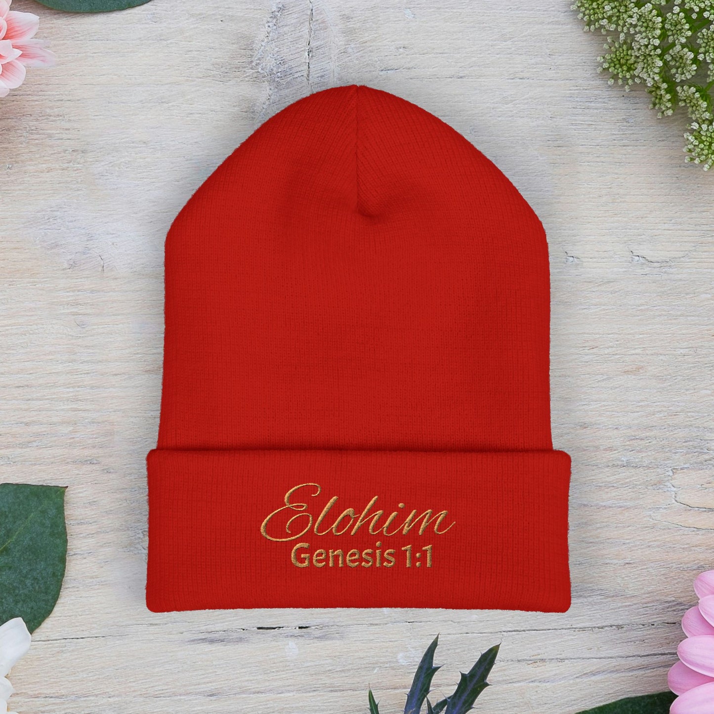 Brown Embroidered 'ELOHIM, GENESIS 1:1' Classic Cuffed Beanie - Cozy Winter Hat, Streetwear Accessory, Personalized Gifts, Religious Apparel, Unisex Beanie