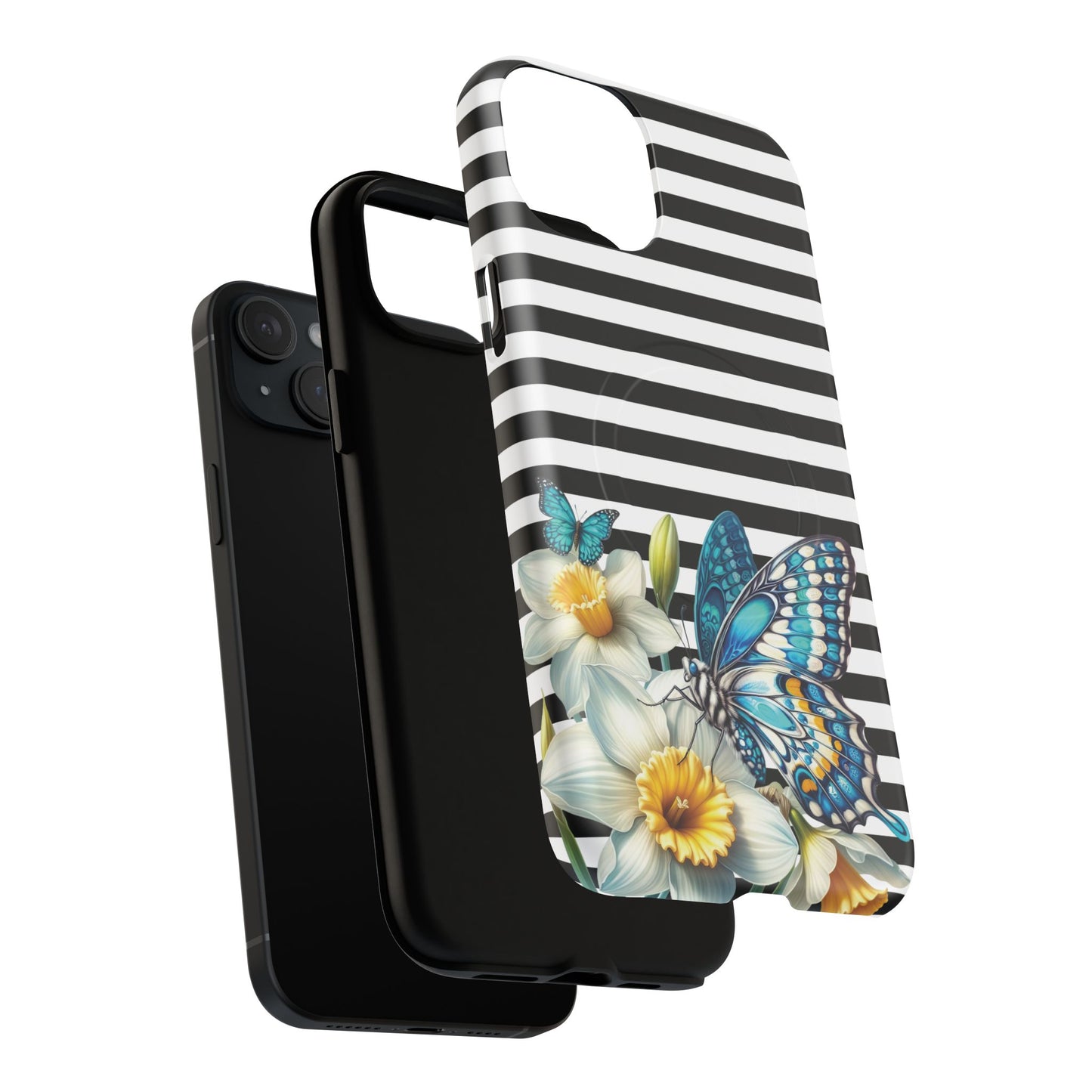 Daffodil Flutter Tough iPhone Magnetic Case, Floral iPhone Accessories, Stylish iPhone Cover, Black Striped Design, Gift for Her, Trendy iPhone