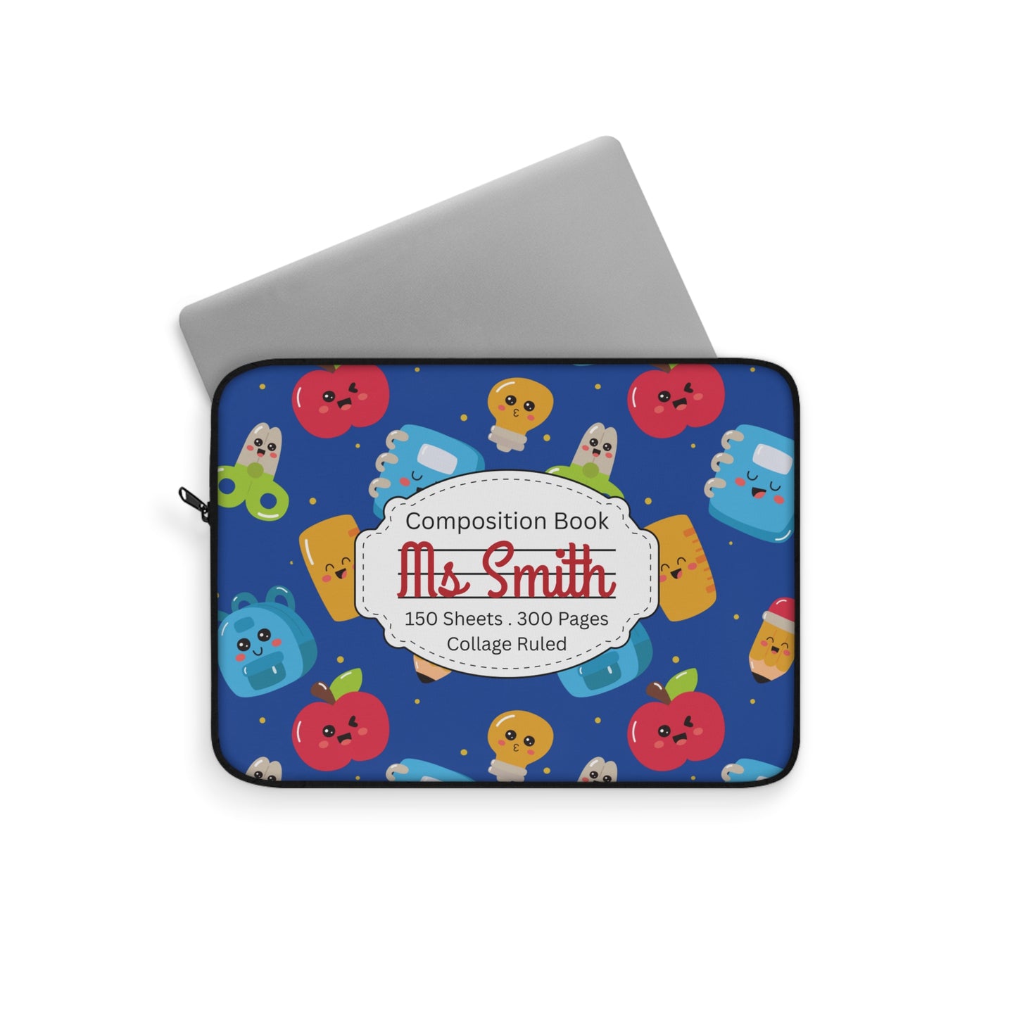 Personalized Blue Kawaii Composition Book Inspired Laptop Sleeve, Educational Gift for Teachers, Classroom Organization, Back to School, Unique Teacher Accessory