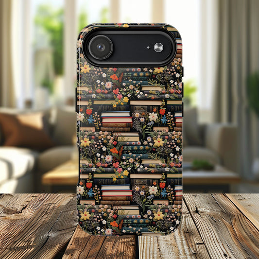 Botanical Book Nook Tough iPhone Magnetic Case, Vintage Bookcase for Book Lovers, Literary Gift, iPhone Accessories, Perfect for All Occasions