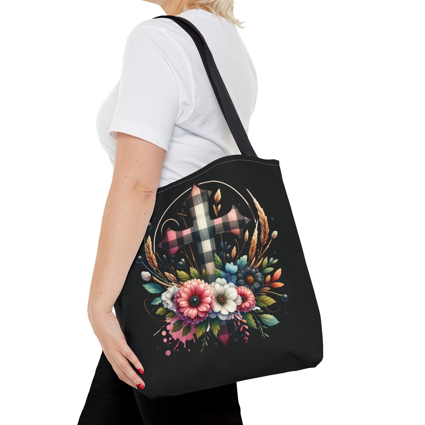 Faith and Floral Cross Heart Tote Bag