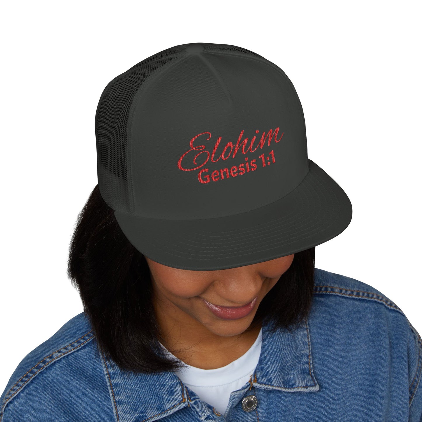 Red 'ELOHIM, GENESIS 1:1'  Embroidered 5 Panel Trucker Cap | Casual Style Hat, Adjustable, Unisex, Perfect Gift for Outdoors, Festivals, Daily Wear