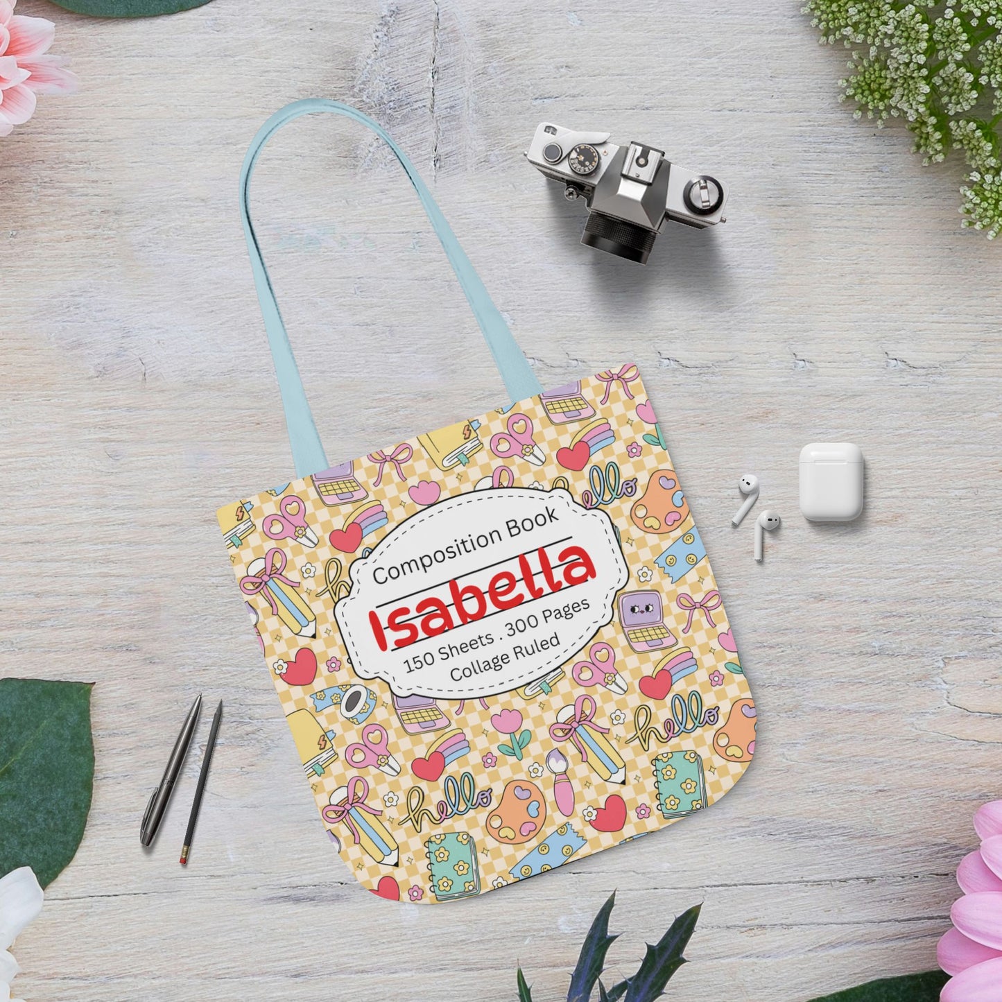 Personalized Doodle Daydream Composition Book Inspired Canvas Tote Bag with Colorful Straps, Cute School Bag, Eco-Friendly Tote, Back to School Shopping Bag, Teacher Gift Idea