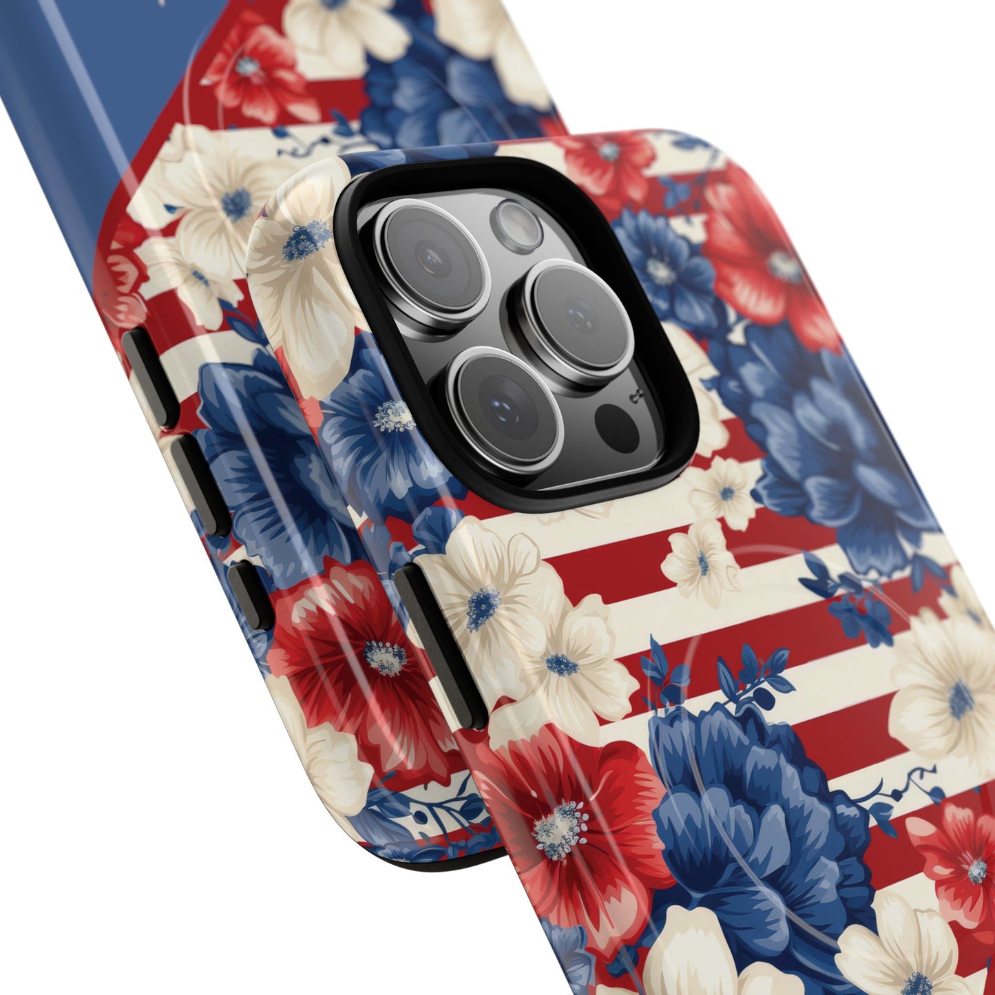 Personalized Stars, Stripes & Petals Tough Magnetic MagSafe Case, Patriotic Cover, Floral Design, Durable Protection, Gift for Her, Summer Vibes