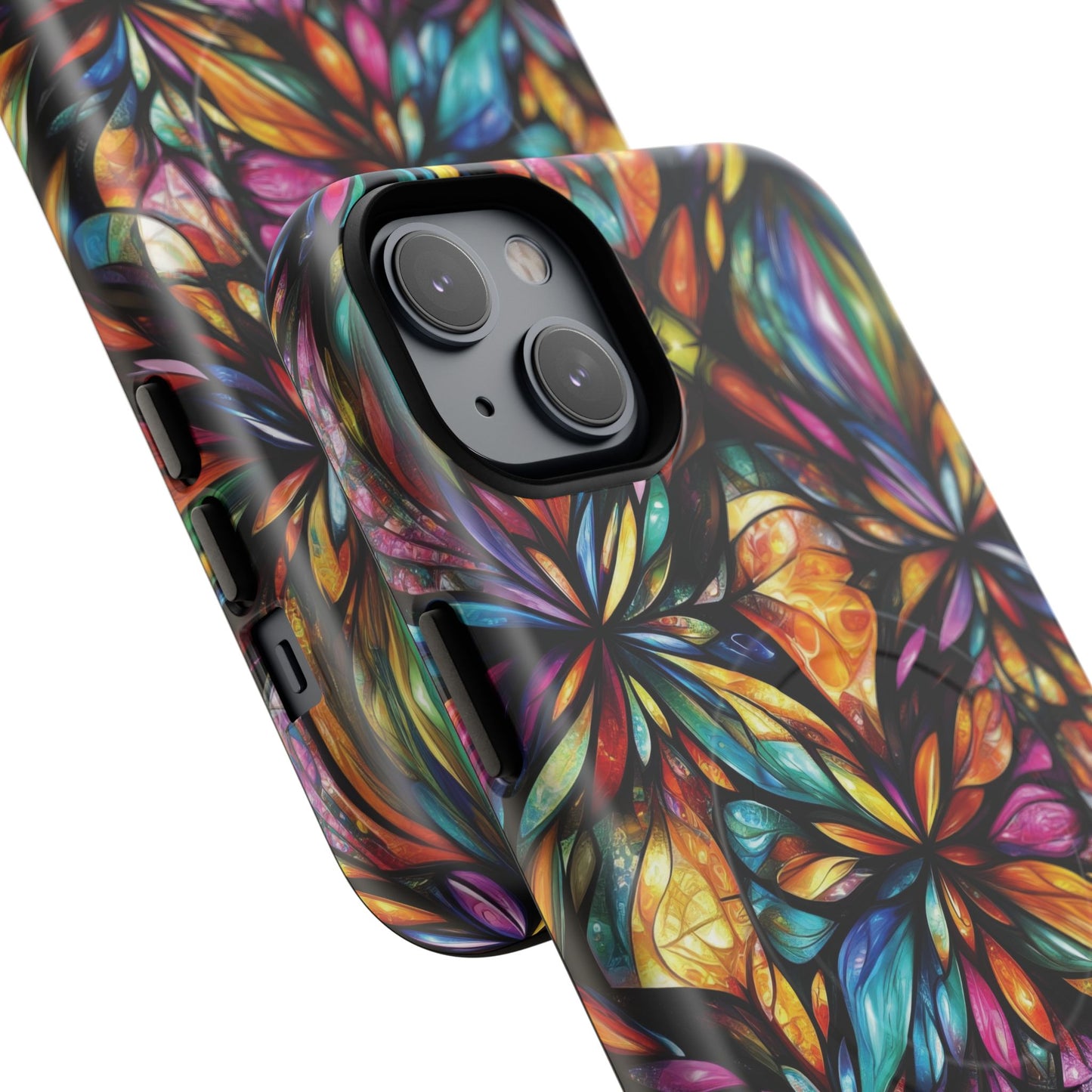Luminous Whirl Tough Magnetic iPhone Cases, Vibrant Protection, Unique Floral Print, Durable Cover, Gift for Tech Lovers, iPhone Accessory, Stained Glass iPhone Design.