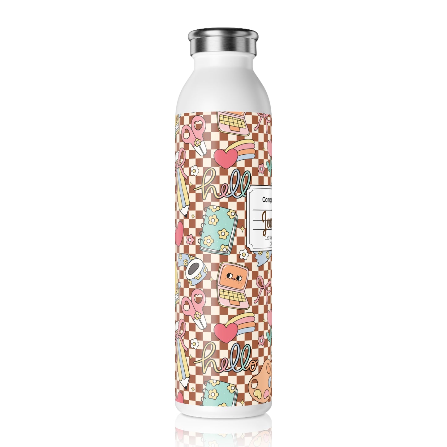 Personalized Composition Brown Doodle Daydream Book Inspired Slim Water Bottle, Customizable Drinkware, Eco-Friendly Hydration Bottle, Perfect for Gifts, School Supplies, Back to School