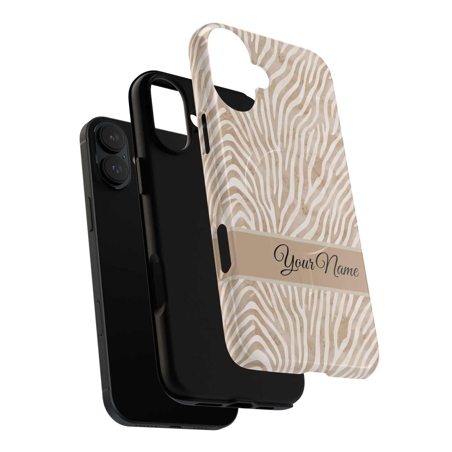 Personalized Zebra Animal Print Cover, Tough Magnetic MagSafe® iPhone® 13, 14, 15, 16, 17, Pro, Pro Max, Plus Cases (Custom Name).