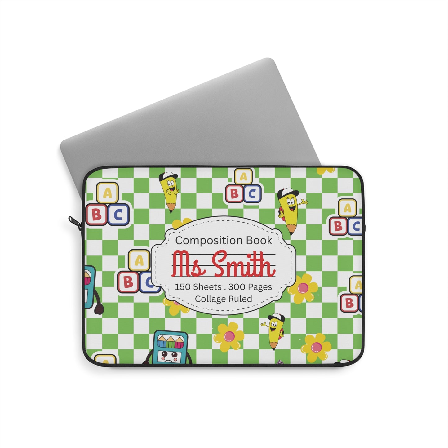 Personalized Green SchoolYard Chic Laptop Sleeve with Composition Book Inspired Design, Educational Gift for Teachers, Classroom Organization, Back to School, Unique Teacher Accessory