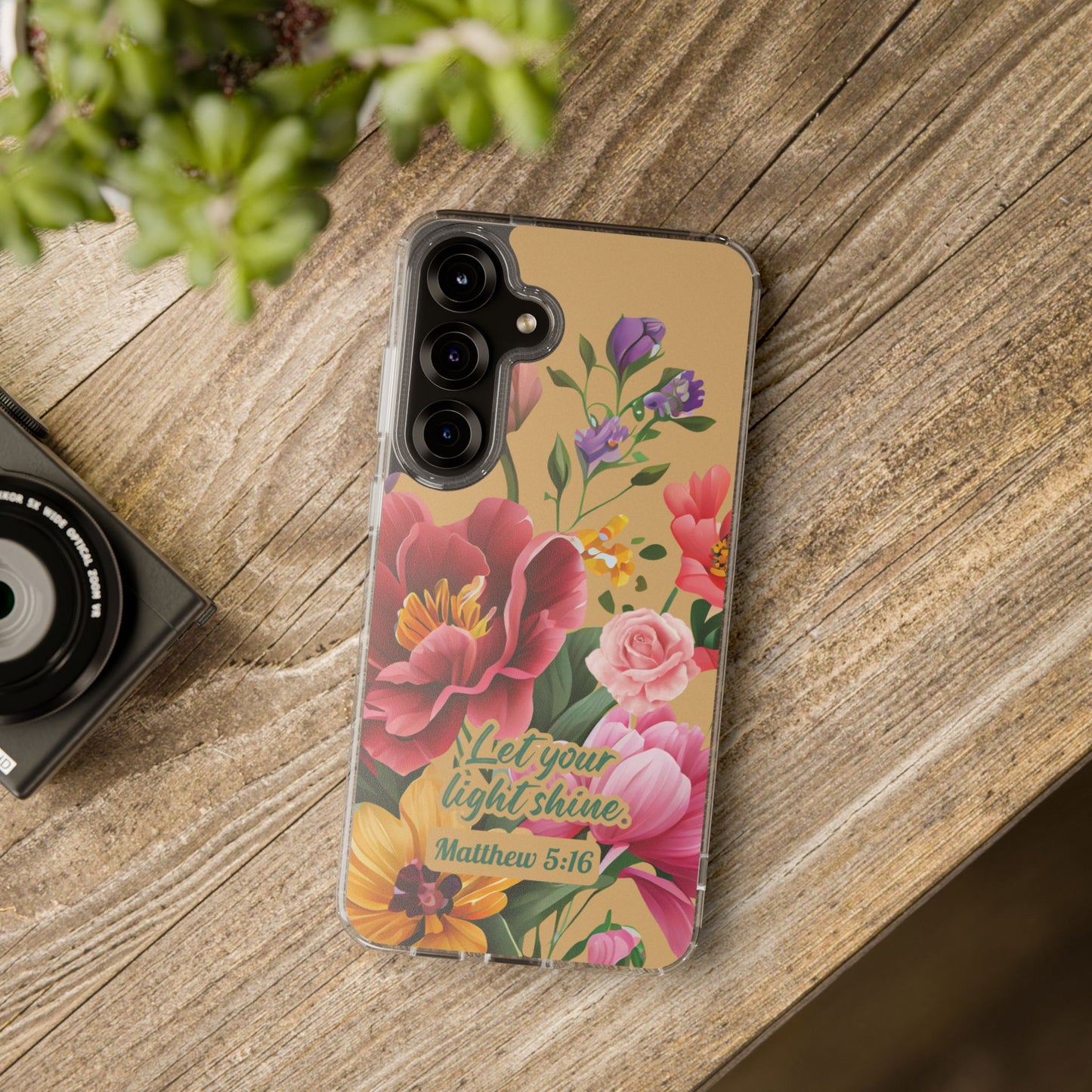 Clear Floral Bible Verse Phone Case — "Let Your Light Shine" (Matthew 5:16) for iPhone and Samsung Cases.
