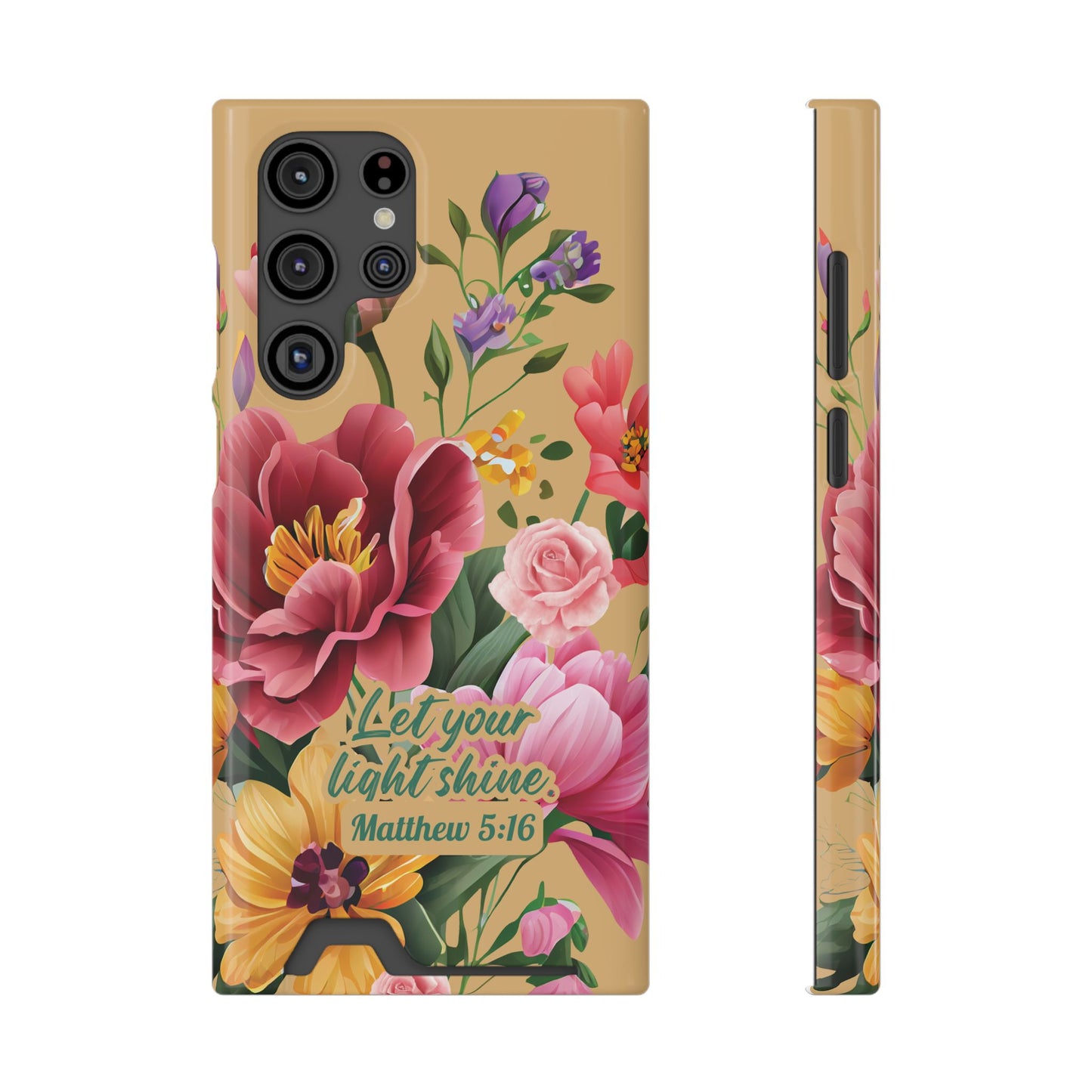 Floral Bible Verse Phone Case with Card Holder — "Let Your Light Shine" (Matthew 5:16)