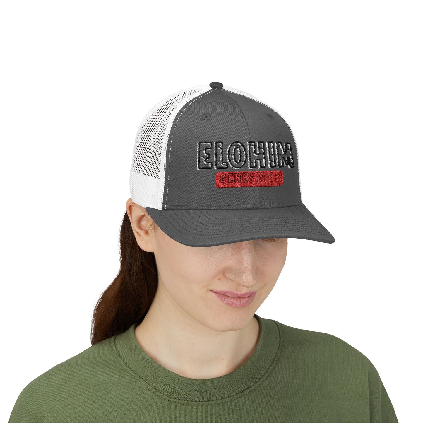 Embroidery Elohim Faith Snapback Trucker Cap - Religious Hat, Stylish Accessory, Gift for Believers, Casual Wear, Outdoor Events, Faith-Based, Name of GOD.