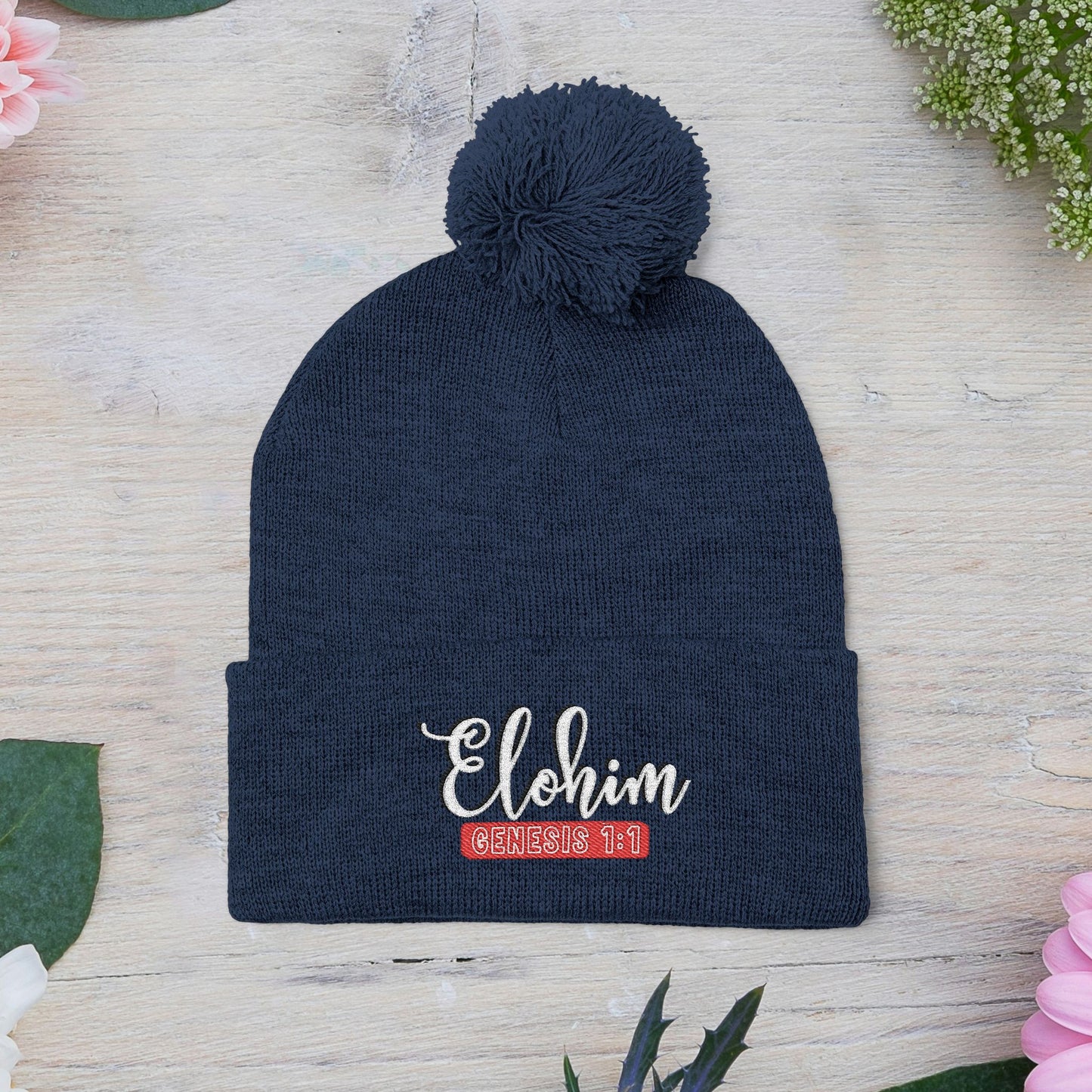 Pom-Pom Knit Cap with 'ELOHIM, GENESIS 1:1'  Embroidery Beanie - Stylish Winter Accessory for All Ages, Perfect Gift for Birthdays, Holidays, and Outdoor Activities