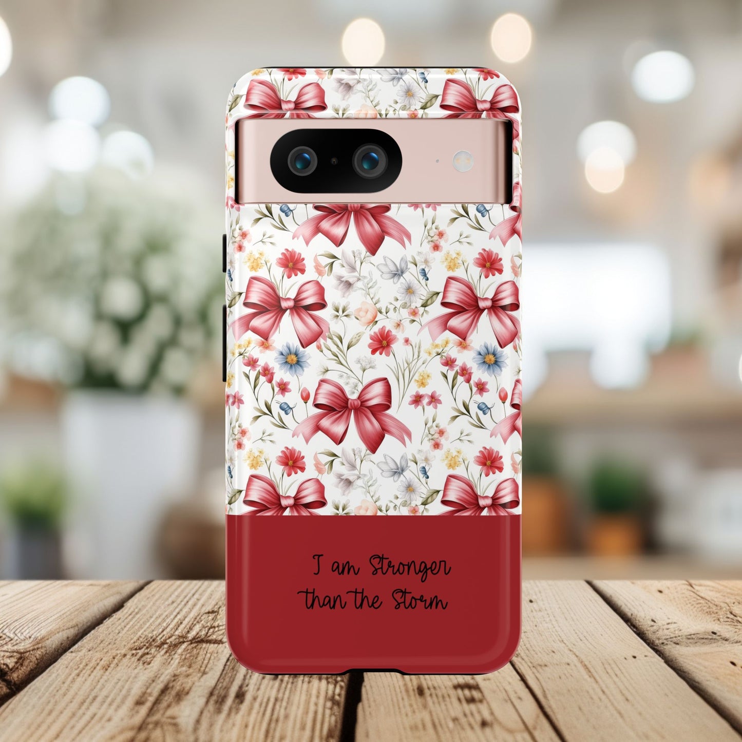 Personalized Rosette Coquette Phone Case - Custom Name/Message 'I Am Stronger Than The Storm' Floral Bow Protective Case