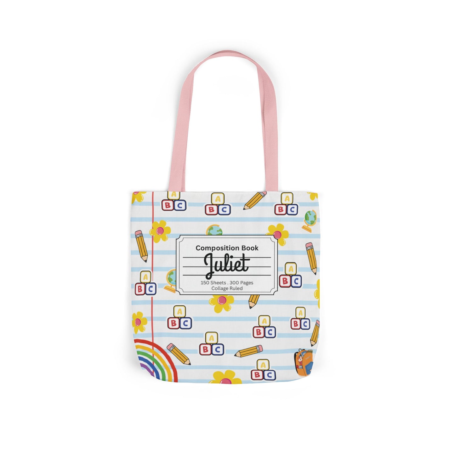 Personalized White Schoolyard Chic Composition Book Inspired Canvas Tote Bag with Colorful Straps, Cute School Bag, Eco-Friendly Tote, Back to School Shopping Bag, Teacher Gift Idea