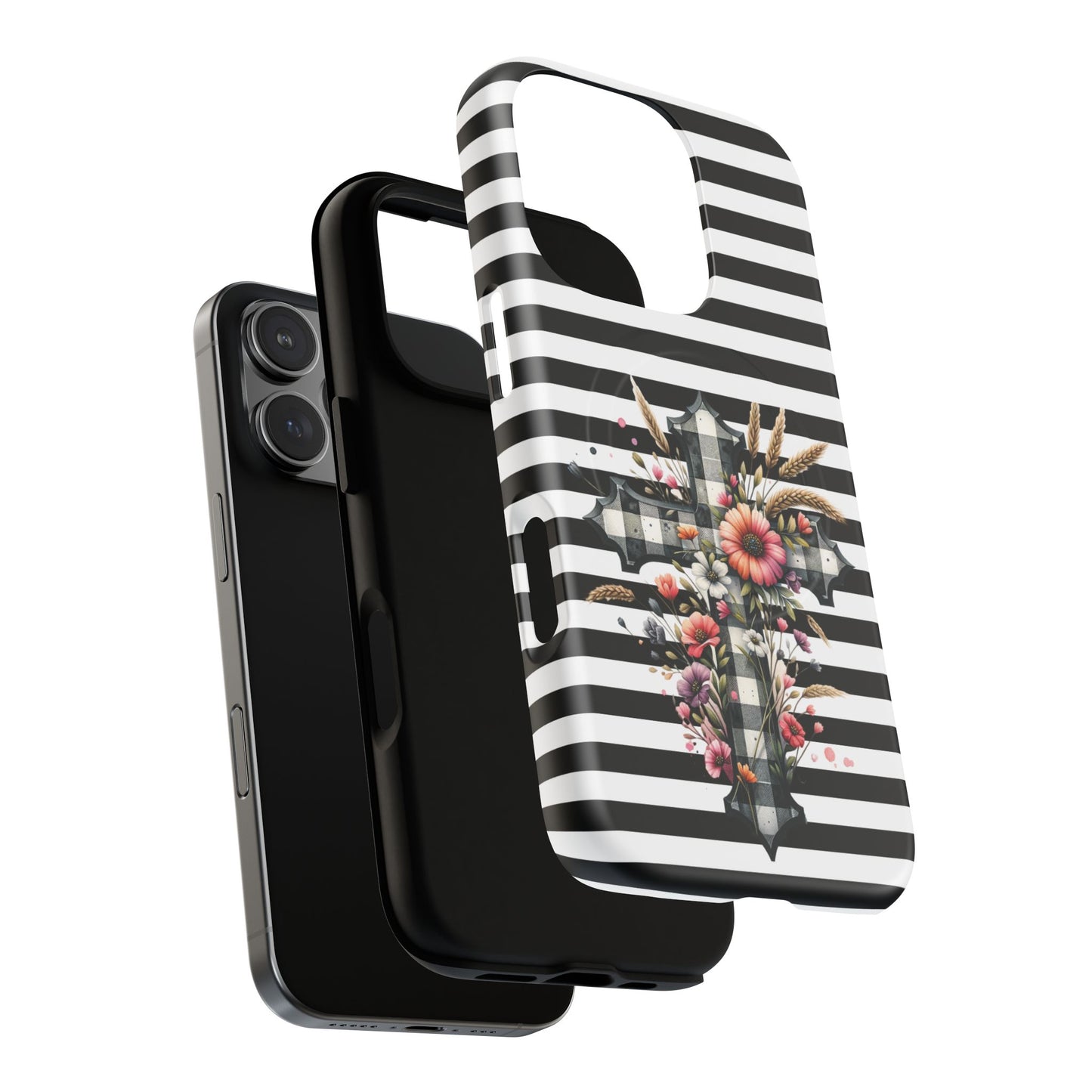 Grace in Bloom Tough Magnetic iPhone Case with Floral Cross Design, Boho iPhone Cover, Striped iPhone Case, Unique Religious Gift, Trendy Cell iPhone Accessory.
