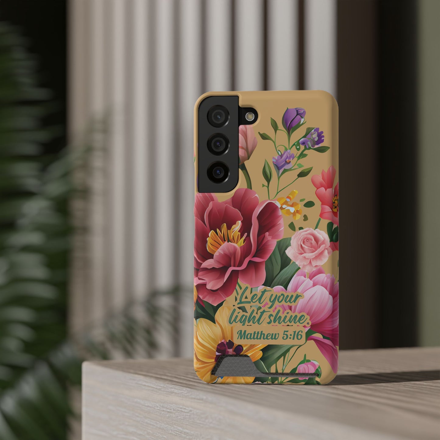 Floral Bible Verse Phone Case with Card Holder — "Let Your Light Shine" (Matthew 5:16)