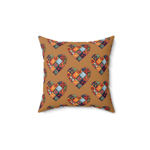 Brown Patchwork Heart Spun Polyester Square Pillow