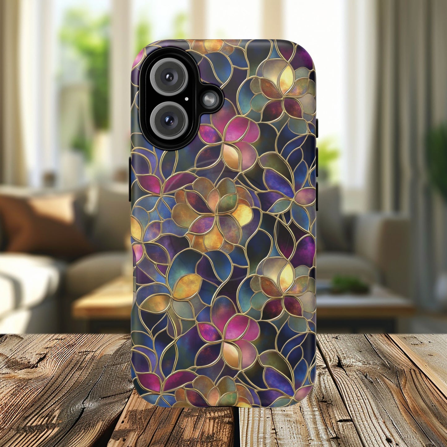 Chromatic Bloom Tough iPhone Magnetic Case, Tough iPhone Cover, Floral iPhone Accessory, Birthday Gift, Elegant Tech Decor, MagSafe Stained Glass Pattern.