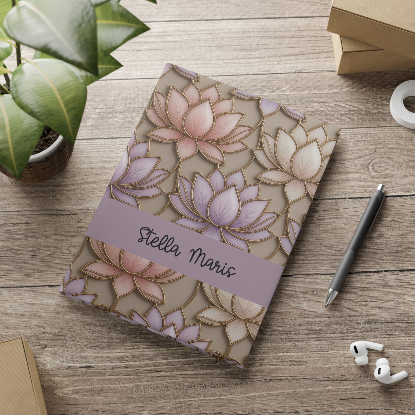 Personalized Stained Glass Lotus Blossom Hardcover Notebook — Custom Name and Affirmation Puffy Cover Journal.