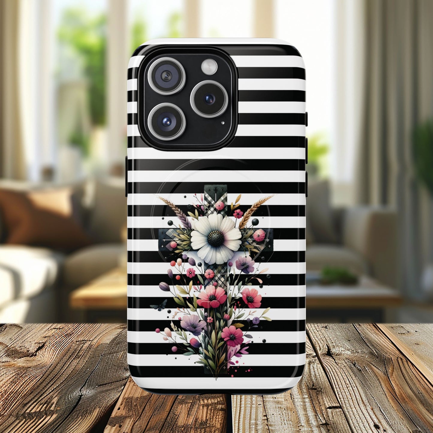 Faith in Bloom Tough iPhone Magnetic Case, iPhone Accessories, Floral iPhone Cover, Durable Cases for Gifts, Black and White Stripes