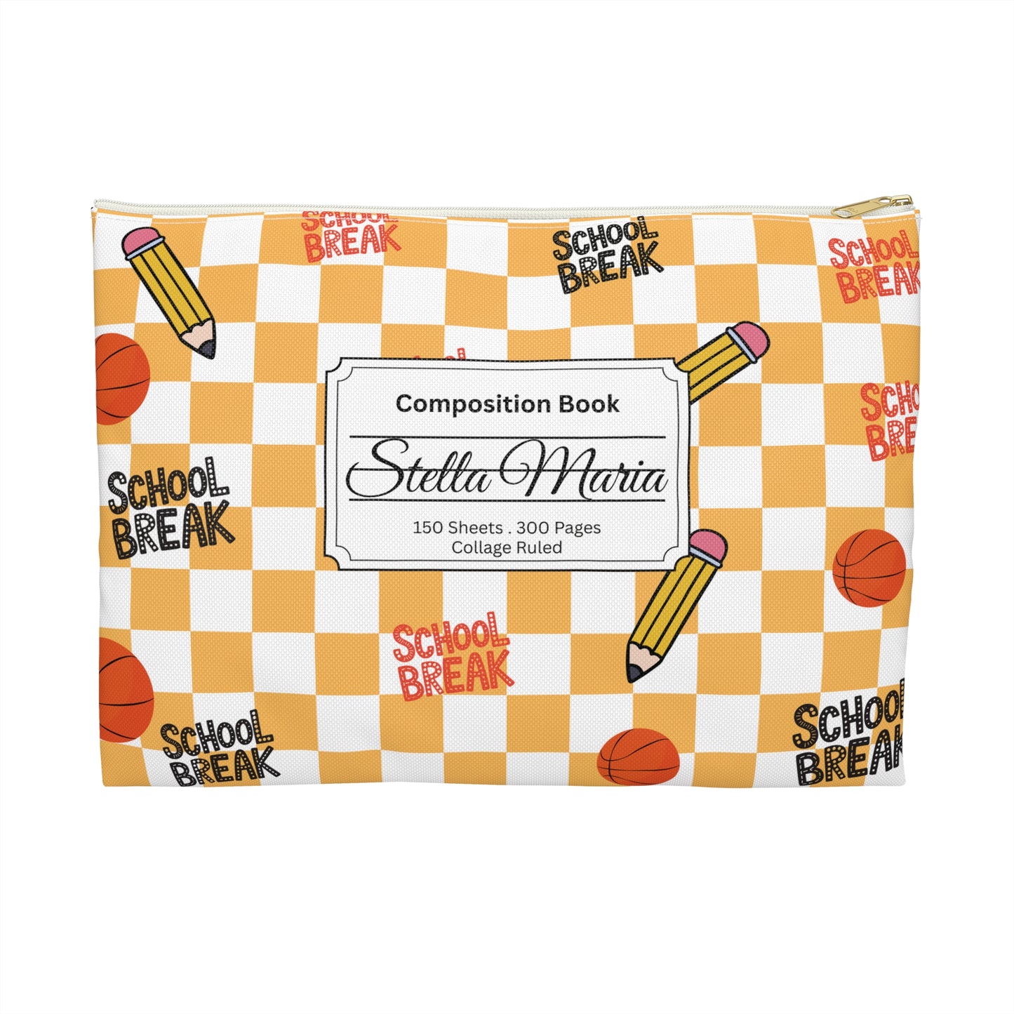 Personalized Orange Schoolyard Chic Composition Book Inspired Accessory Pouch, Kids School Supplies, Classroom Organizer, Teacher Gift, Fun Stationery Case, Back to School