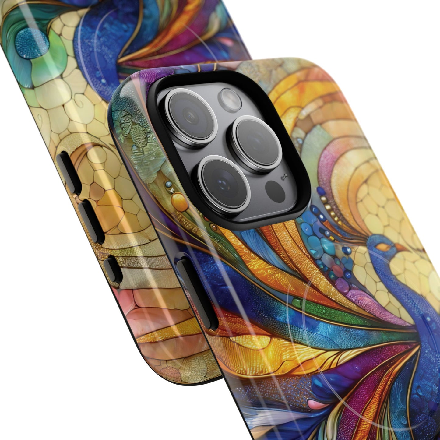 Mosaic Peacock Feathers Magnetic Phone Case, Tough Phone Shell, Vibrant Art Case, Gift for Her, Unique Phone Accessory, Wildlife Lover's Gift, Stained Glass Case.