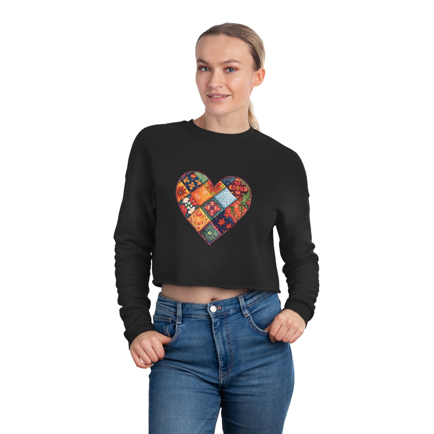 Patchwork Hearts Women's Cropped Bella Canvas Sweatshirt